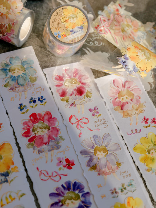 Meow Illustration Flower Girls Glossy PET Tape with Rose