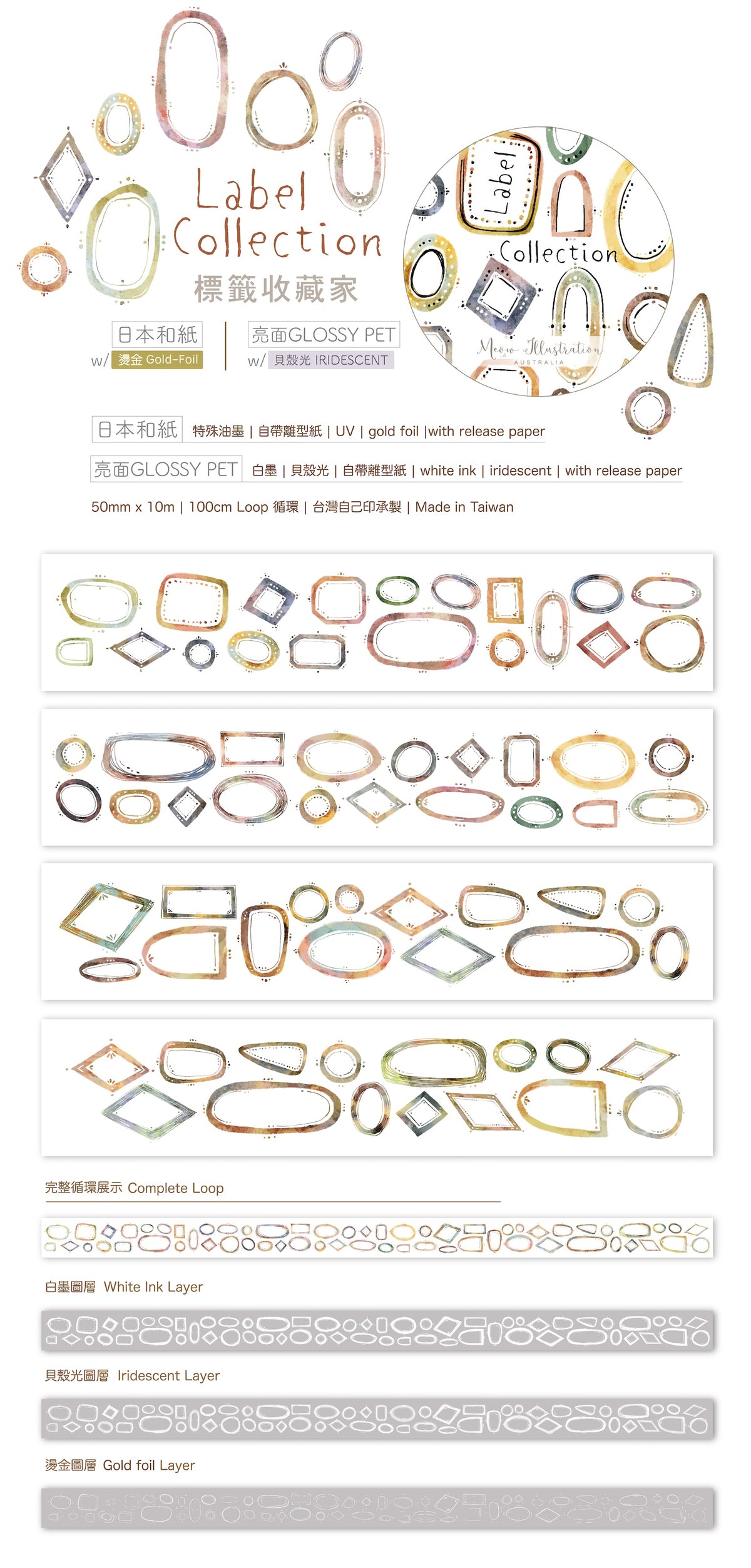Meow Illustration Label Collection PET Tape with Iridescent